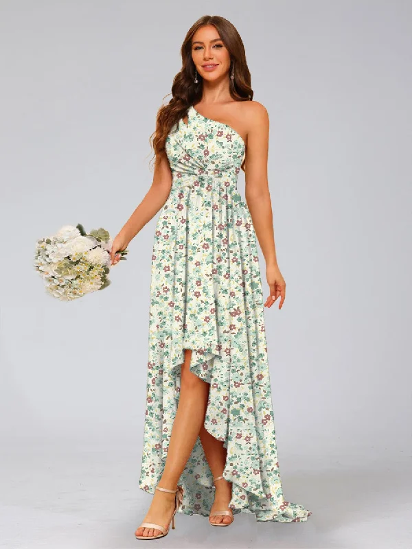 Big Savings On Minimalist Office Styles A-Line/Princess One-Shoulder Sleeveless Ruched Floral Bridesmaid Dresses