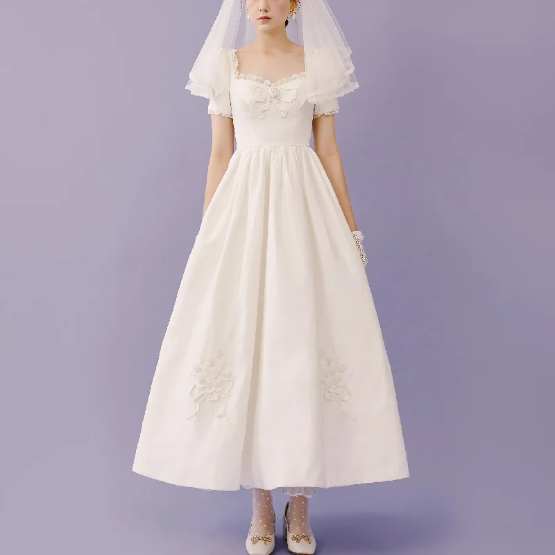 Trend Alert Lantern Short Sleeve Tea Length Wedding Dress with Square-neck