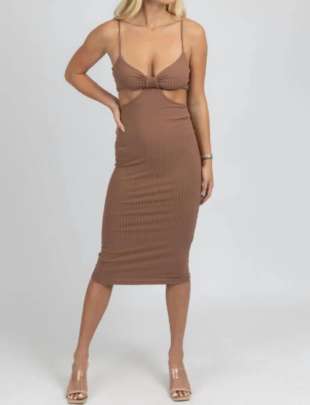 Summer Essentials Cutout Ribbed Midi Dress In Mocha