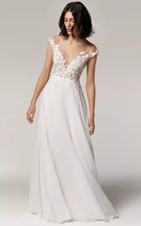 Great Deals On Ethnic Cultural Wear Chiffon Off-the-shoulder Simple Sheath Wedding Dress with Lace Applique