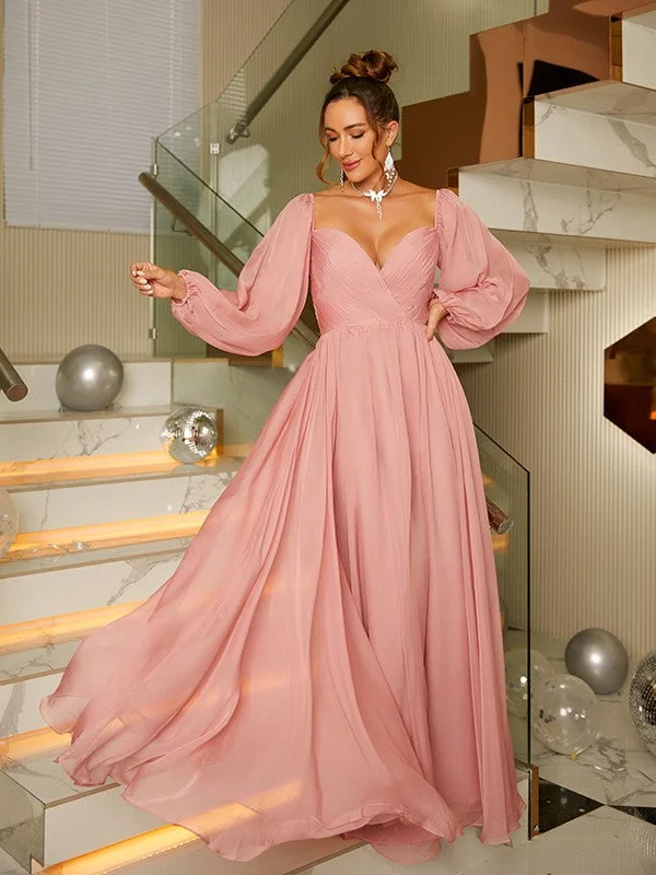 Last Chance Sale A-Line/Princess 30D Chiffon Ruched V-neck Long Sleeves Floor-Length Dresses