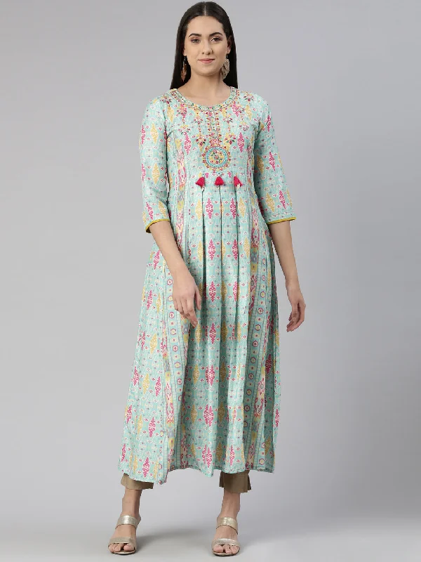 Anniversary Sale Neeru's Round Neck Floral Printed Ethnic Maxi Cotton Dress