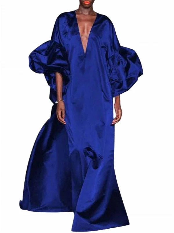 Style Upgrade Loose Puff Sleeves V-Neck Maxi Dress In Blue