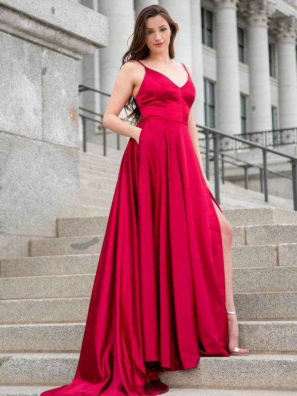 Hot Styles V Neck Burgundy Satin Long Prom Dresses with Side Slit, V Neck Burgundy Formal Graduation Evening Dresses SP2204