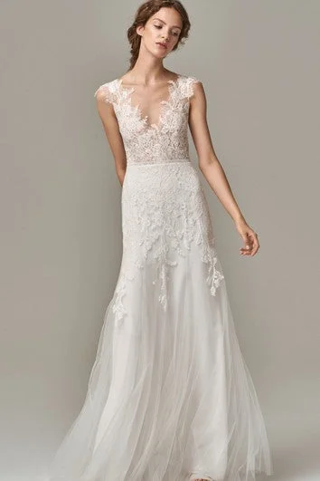 Final Clearance Elegant V-neck Lace Tulle Sheath Sleeveless Floor-length Wedding Dress with Appliques