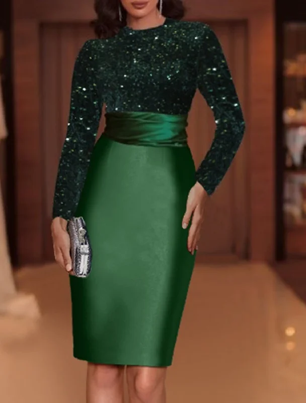 Feminine Soft - Hued Styles Sheath Evening Gown Elegant Dress Red Green Dress Knee Length Long Sleeve High Neck Satin with Sequin