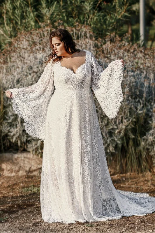 Chic Styles A line Long Sleeve Bohemian Lace Wedding Dress