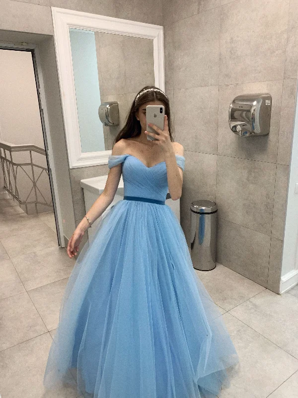 Fashion Deal Classy Off The Shoulder Blue Prom Dress,A-line Tulle Prom Gown Y4778