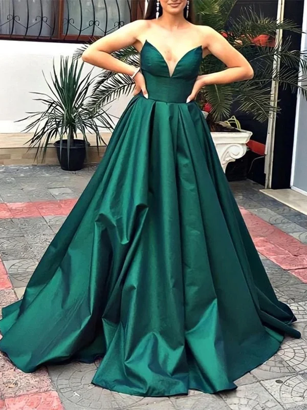 Chic Style V Neck Strapless Green Satin Long Prom Dresses, V Neck Green Formal Graduation Evening Dresses SP2268