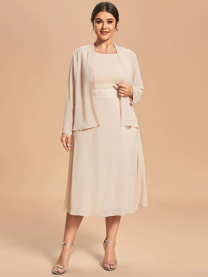 Art Deco Geometric Pattern Look Custom Size Chiffon Two-Piece A-Line Mother of the Bride Dress with Long Sleeves Top