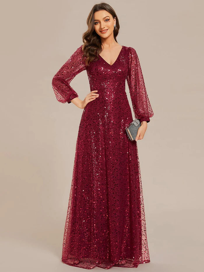 Grab Romantic Date - Night Styles Now Koutun V-Neck Lantern Long Sleeve Sequin A-Line Evening Dress