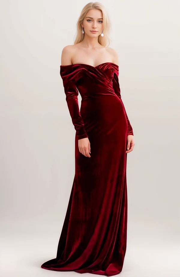 Summer Splash Sale Elegant Off-the-shoulder Ruched neckline Long Sleeves fit and flare Velvet Prom Dress