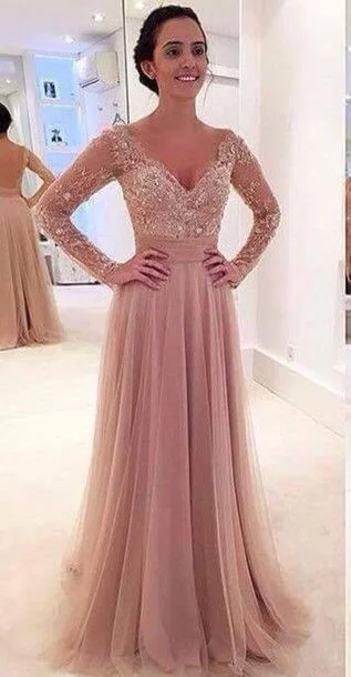 Grab Romantic Date - Night Styles Now Sexy Open Back Long Sleeve Lace Blush Evening Dress