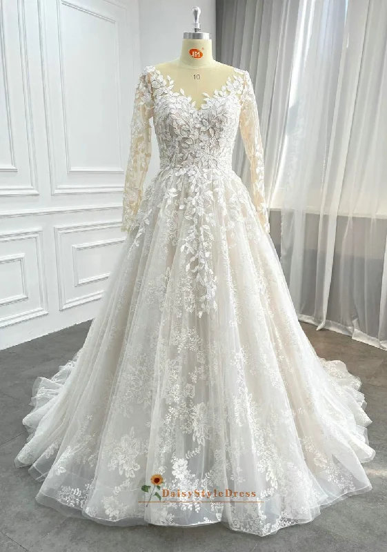 Feminine Soft - Hued Look Long Sleeve Lace Nude Wedding Dress