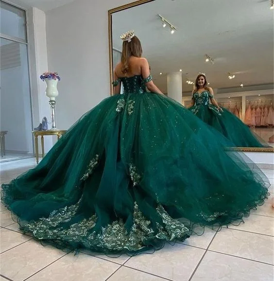 Fashion-Forward Outfits Emerald Green Quinceanera Dresses for Sweet 15 Year Ball Gown Sexy Off the Shoulder Puffy Lace Appliques Princess Dress Y6596