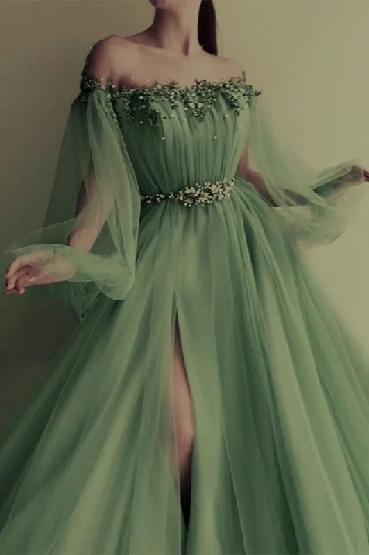 Fashion For Every Occasion Charming Green Long Sleeves Evening Dress Tulle Prom Dress      S5713