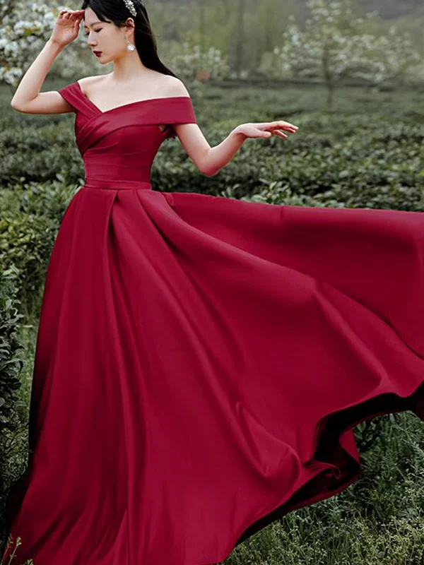 Y2K Nostalgic Fashion Look Off Shoulder Burgundy Satin Long Prom Dresses, Off the Shoulder Burgundy Formal Evening Dresses