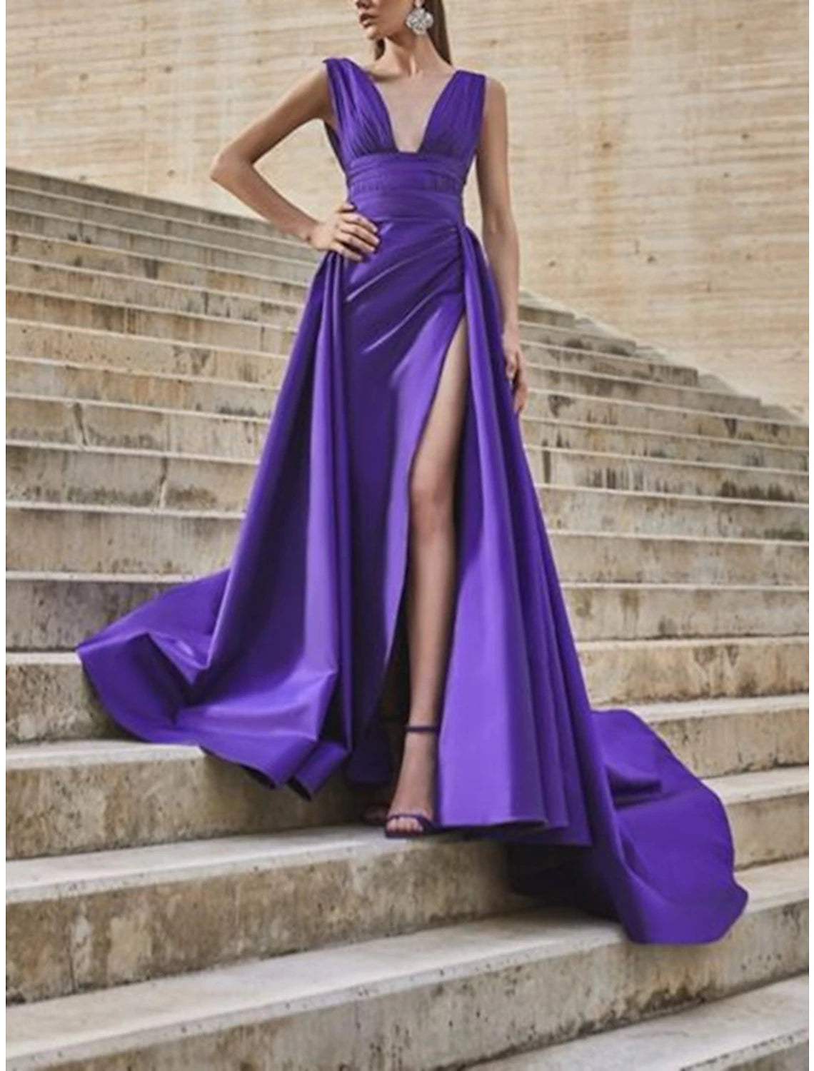 Weekend Special A-Line Celebrity Style Minimalist Elegant Engagement Prom Dress V Neck Sleeveless Court Train Satin with Slit Overskirt