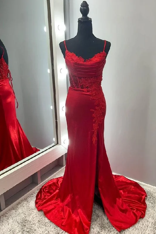 Spring Fling Sale Scoop Red Lace and Satin A-line Long Formal Dress