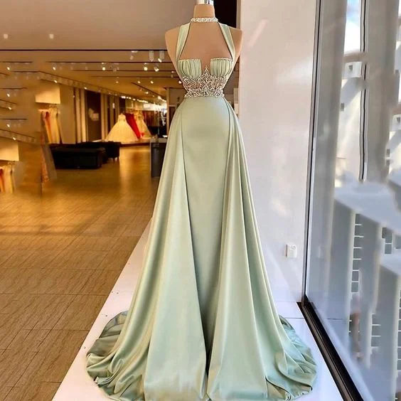 Holiday Sale Arabic Green Mermaid Evening Dress Elegant Sleeveless Halter Neck Soft Satin Beading Prom Dresses Long Party Gown M5588