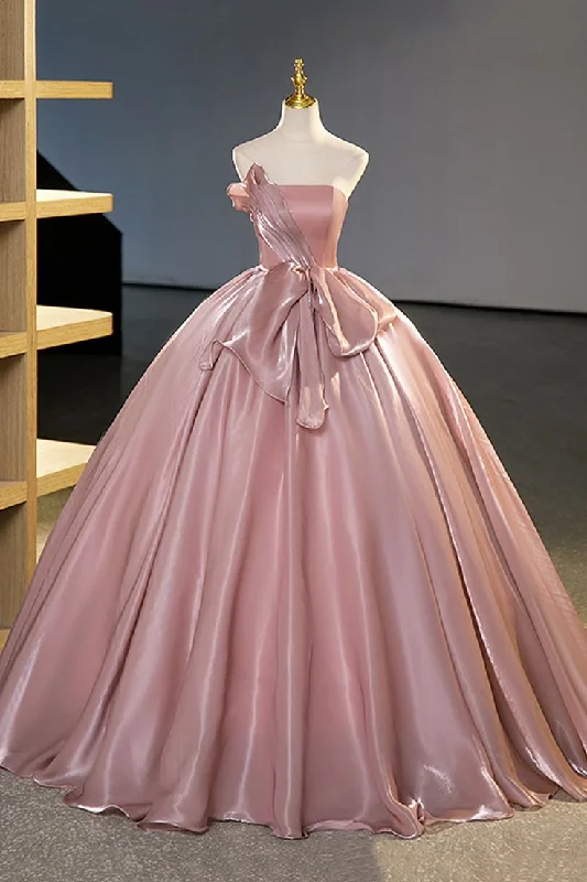 Rustic Countryside Charm Look Sweet Pink Strapless A-Line Satin Long Party Dress Evening Ball Gown MD7776