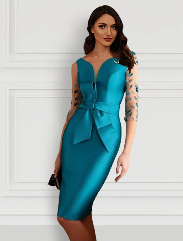 Season Sale Cocktail Dresses Open Back Dress Formal Knee Length Half Sleeve Jewel Neck Satin with Bow(s) Slit Appliques