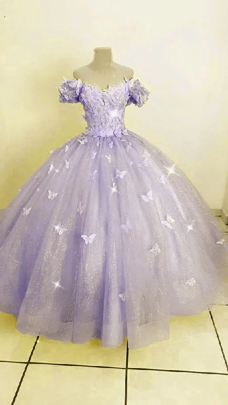 Exclusive Sale Lavender Butterfly Quince Dress Ball Gown Off-the-shoulder Y6594