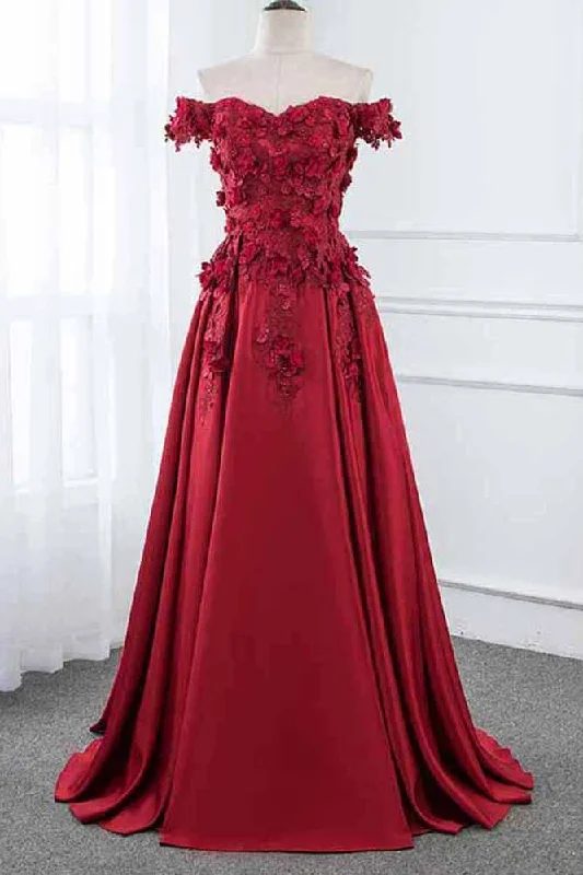 Limited Time Deal Burgundy Off the Shoulder A Line Satin Prom Dress with Lace Flowers Party Dresses M1564