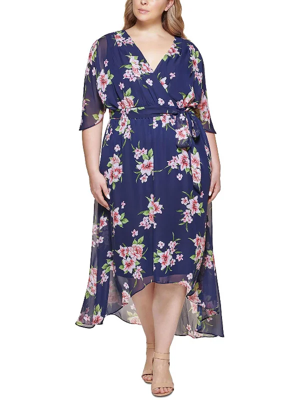 Beat The Heat In Tropical Styles Plus Womens Chiffon Faux-Wrap Maxi Dress