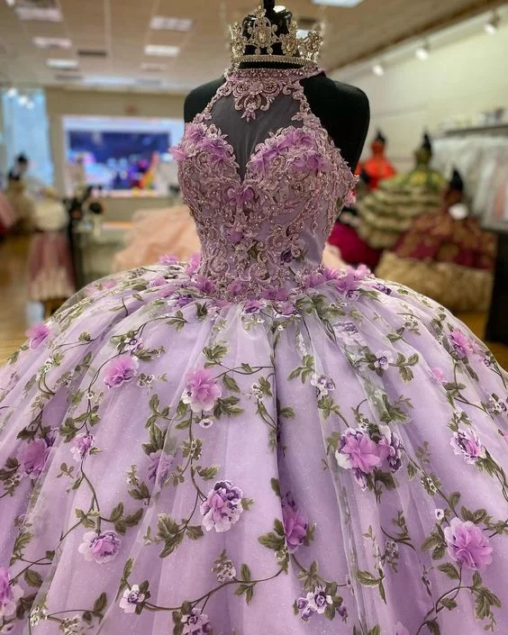 Hot Styles Luxurious Purple A-line Ball Gown With Flowers,Purple Sweet 16 Dress  Y6598