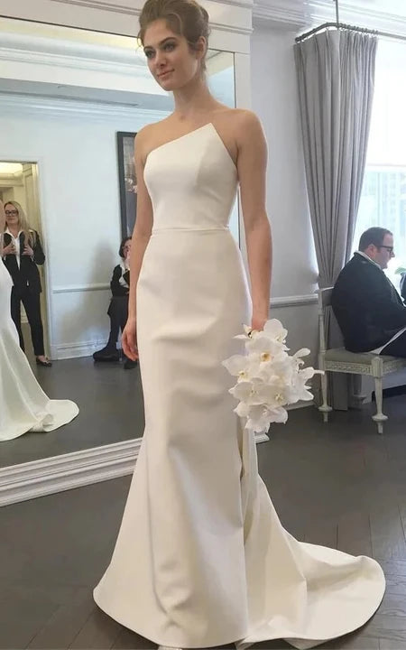 Seasonal Sale Simple Asymmetrical Sheath Solid Satin Wedding Dress