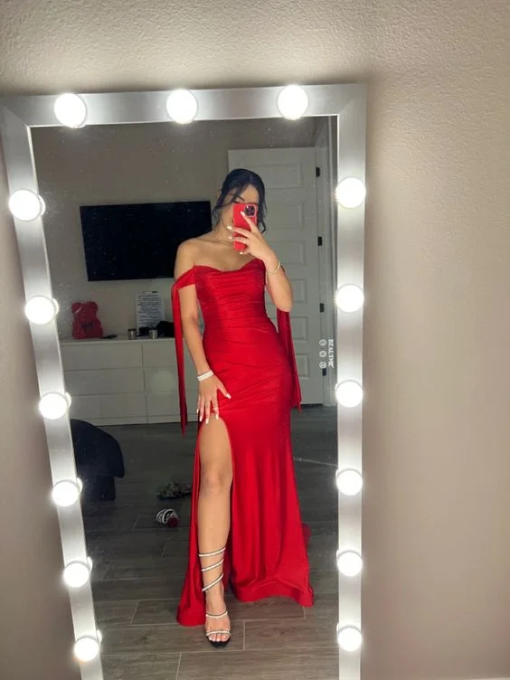 Celebrate With Big Savings Red Off Shoulder Sheath Satin Long Party Dress with Split MD7378