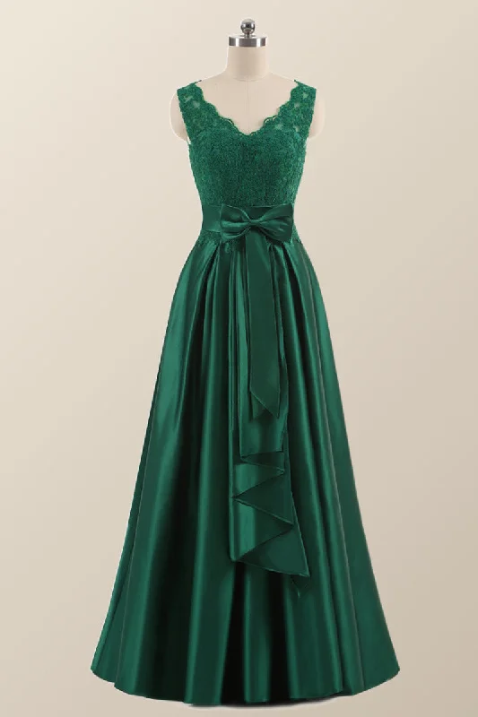 End Of Season Sale Green Lace and Satin A-line Long Formal Dress