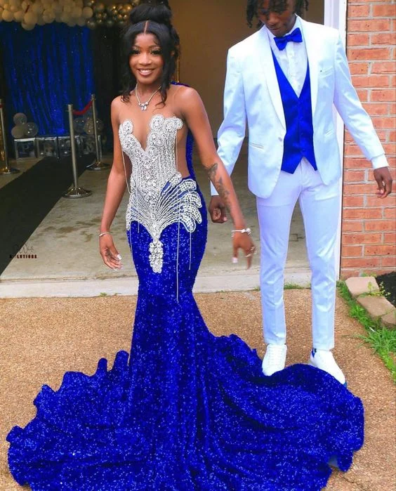 Limited - Stock Royal Blue Sequins Mermaid Prom Dress Formal Evening Occasion Gowns Y6549