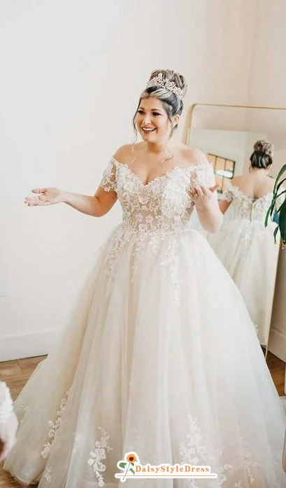 Spring Fashion Ball Gown Off Shoulder Sleeve Lace Plus Size Wedding Dress