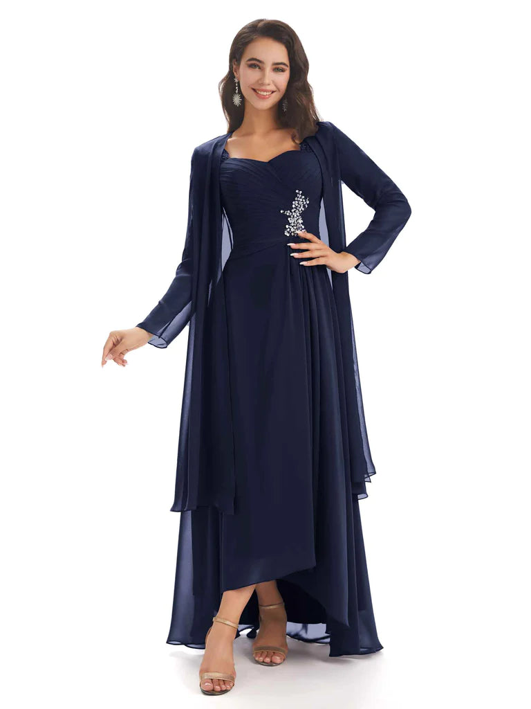 Clearance Event Elegant A-line Chiffon Long Sleeves High-Low Mother of The Bride Dresses In Stock