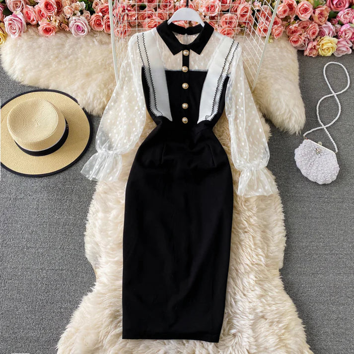 Season Sale Summer New Tulle Sheath Dress Black Long Sleeves Elegant Dress     S4942