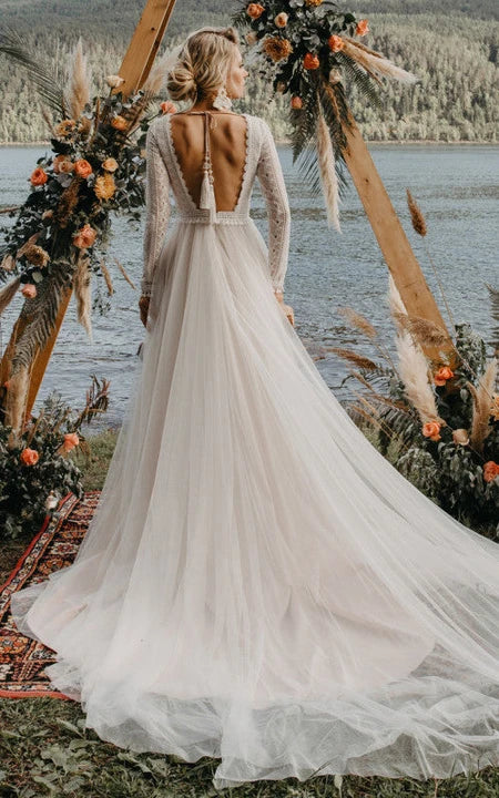 Summer Essentials Boho | Country Backless Lace and Tulle Long Sleeve A-line Wedding Dress