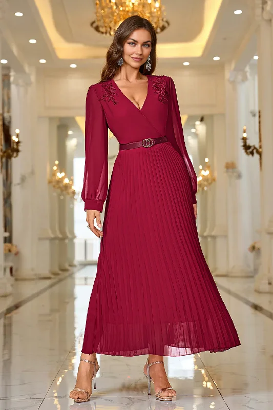 Fashion For Every Occasion A Line V Neck Pleated Appliques Belted Formal Prom Dress with Long Sleeves