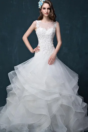 Chic Style Illusion Neckline Beading Appliques Keyhole Back  Lace and Organza Dress