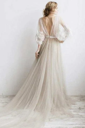 Boho - Chic Festival - Ready Style Flowy Illusion Tulle Pleated Dress With Floral Appliques And Deep-V Back