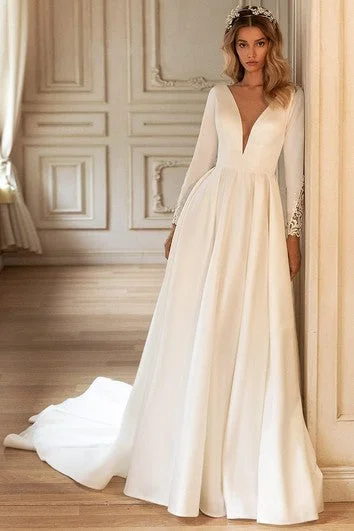 Chic Outfits Modern A Line Satin Wedding Gown with Ruching and Train