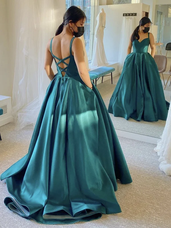 Chic Outfits V Neck Open Back Green Satin Long Prom Dresses, V Neck Green Formal Dresses, Green Evening Dresses SP2216