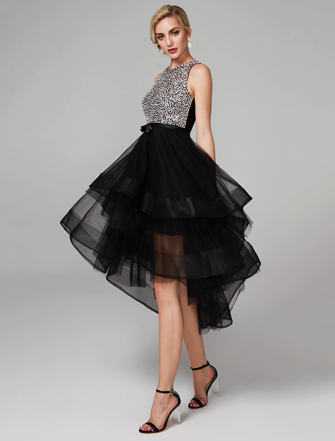 Hollywood Glam Award - Show Style Dress Knee Length Sleeveless Satin Beading Cascading Ruffles