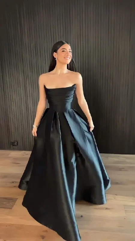 Fashion For Every Occasion Black Strapless A-Line Satin Long Formal Party Dress Evening Gown MD7295