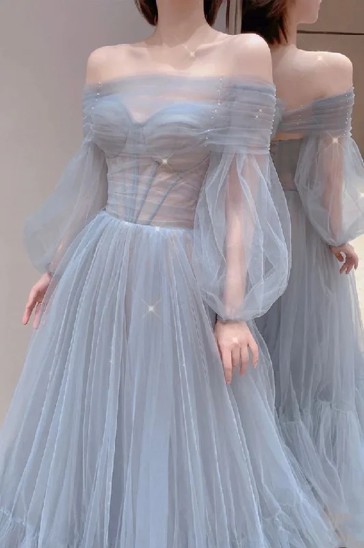 Best-Sellers Blue Tulle Long Prom Dress, Beautiful Long Sleeve Tulle Evening Dress        S6283