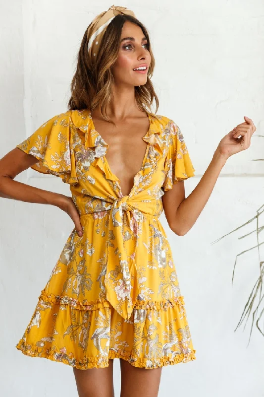 Holiday Sale Sunny Daze Angel Sleeve Tie-Knot Bust Floral Print Dress Mustard