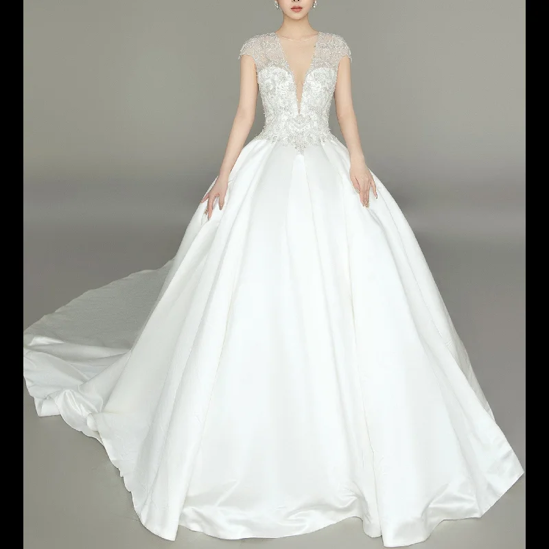 Seasonal Trends Satin Cap Sleeve Deep V-Neck Wedding Dress with Ball Gown Skirt