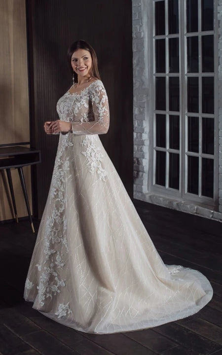 Mid - Season Sale Long Sleeve Illusion Plus Size A-line Wedding Dress with Lace Applique