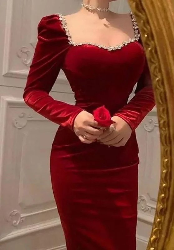 Special Offer Retro Style Red Velvet Long Sleeves Evening Dress,Red Evening Gown Y5556